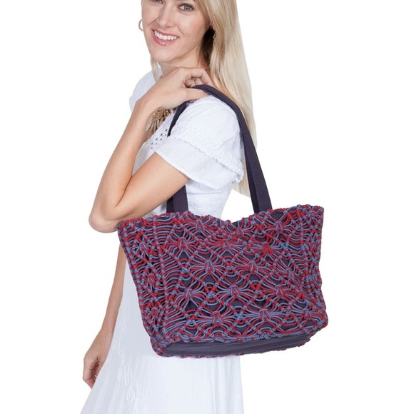 Scully Two-Toned Macrame Handbag blue burgundy - Picture 1 of 5